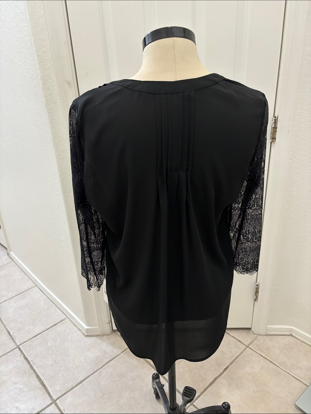 Black Lace-Sleeve V-Neck Button Front Women's Top by NY. Collection - Picture 3 of 5